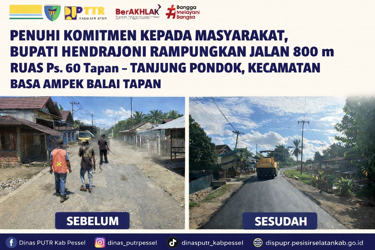 Bupati Pesisir Selatan Penuhi Janji Kampanye, Jalan Pasar 60–Tanjung Pondok Tapan Tuntas Diperbaiki